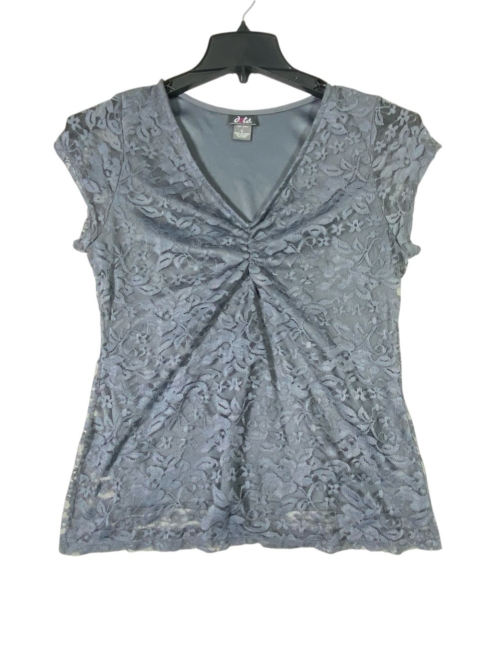 Dots Floral Lace Blouse Women's L Gray Short Sleeve V-Neck Cinched Front Lined